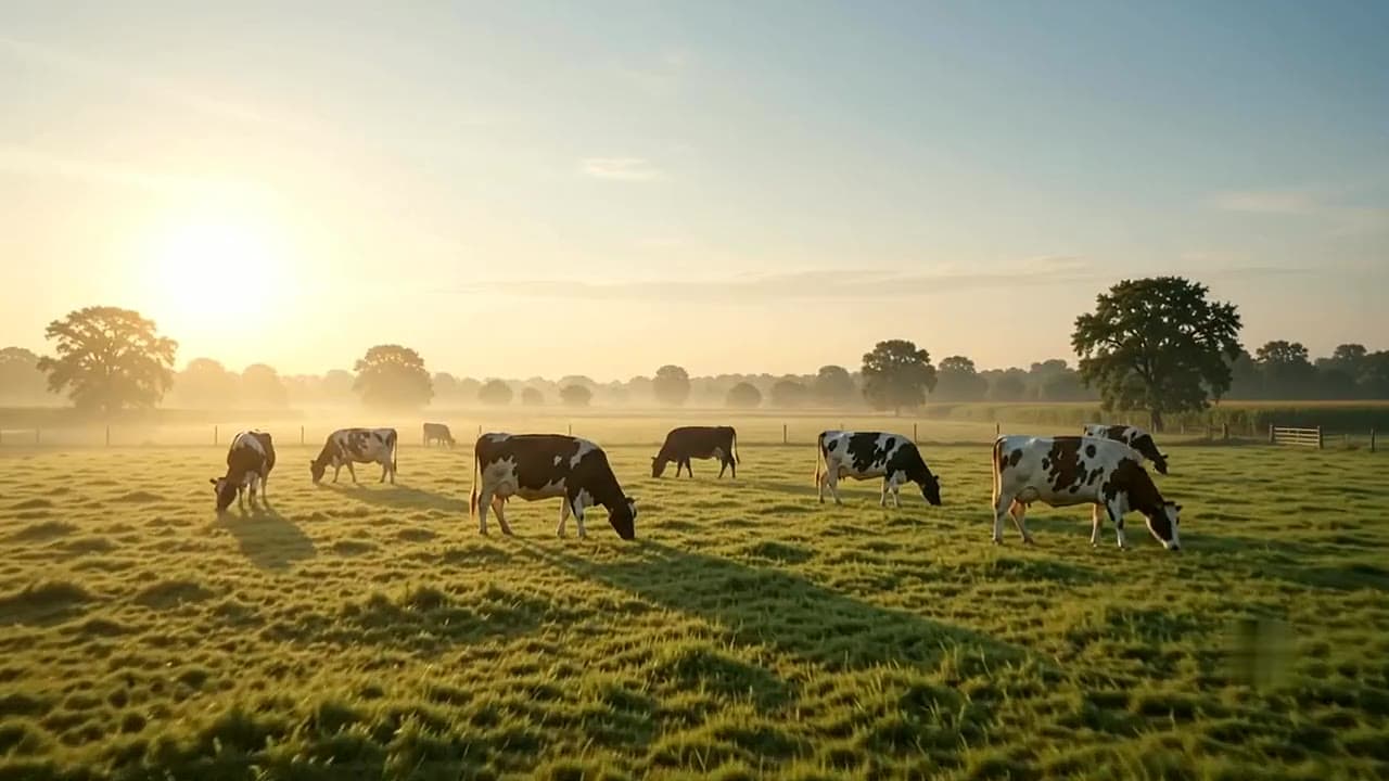 Cows grazing on a farm in the morning light