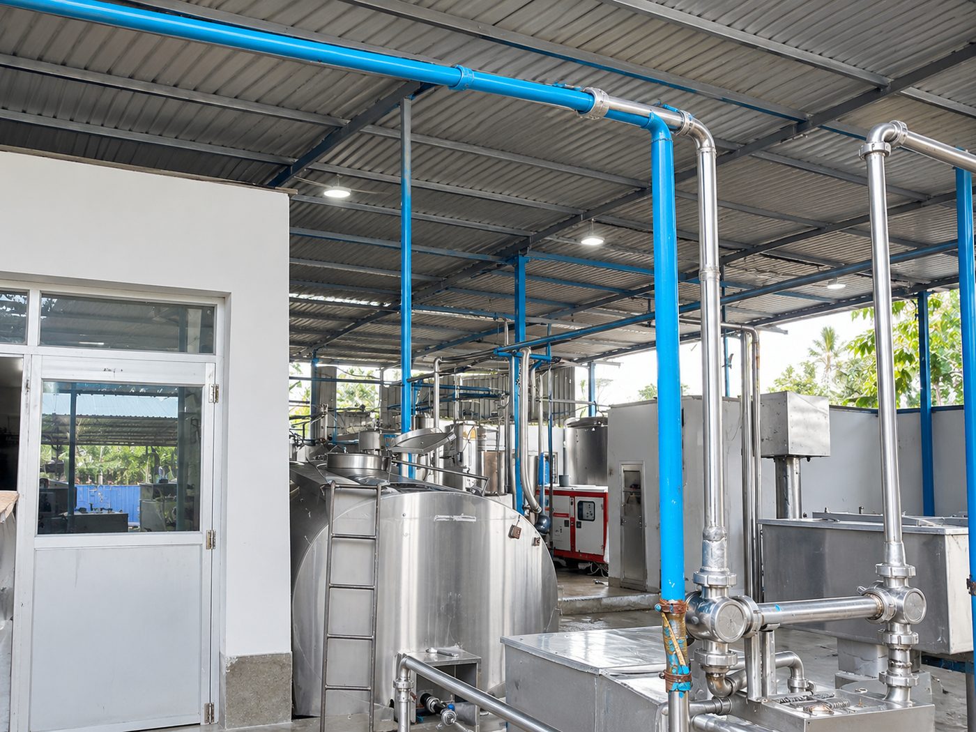 Overhead piping and processing tanks at the facility